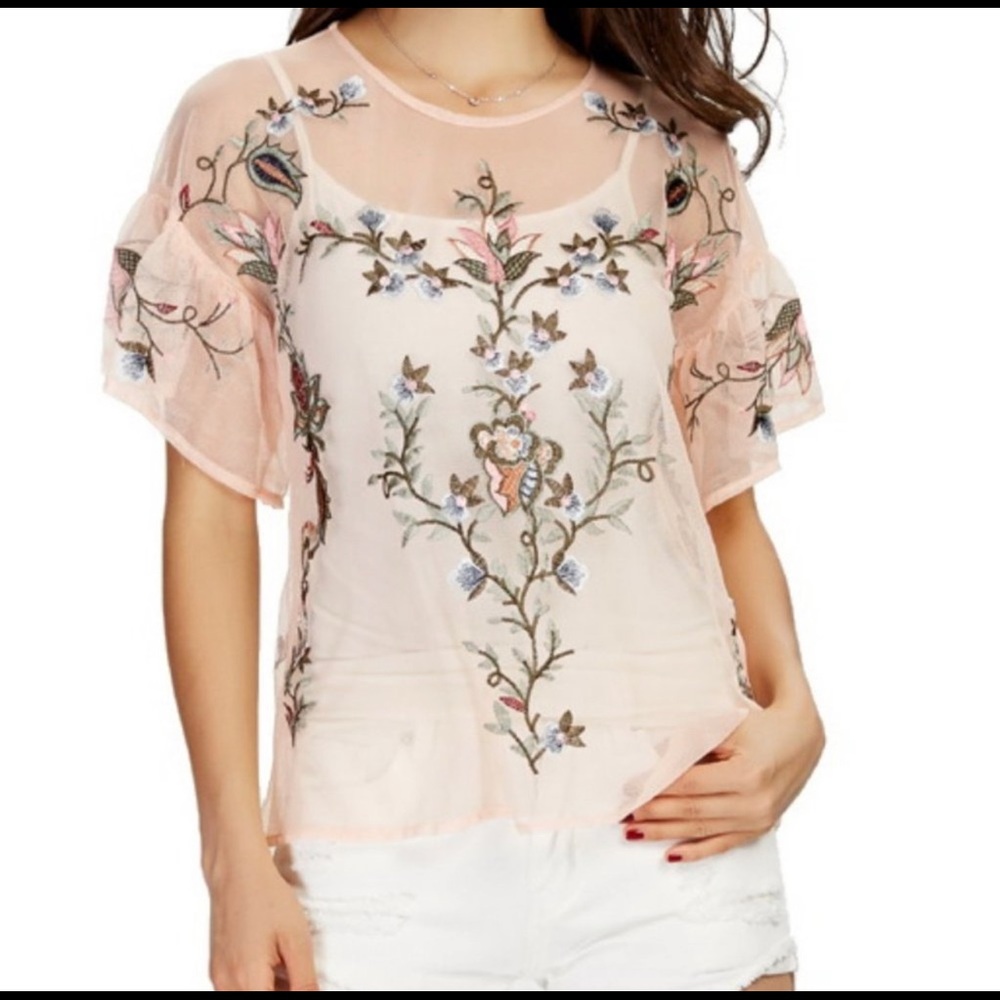 Floral embroidered mesh top